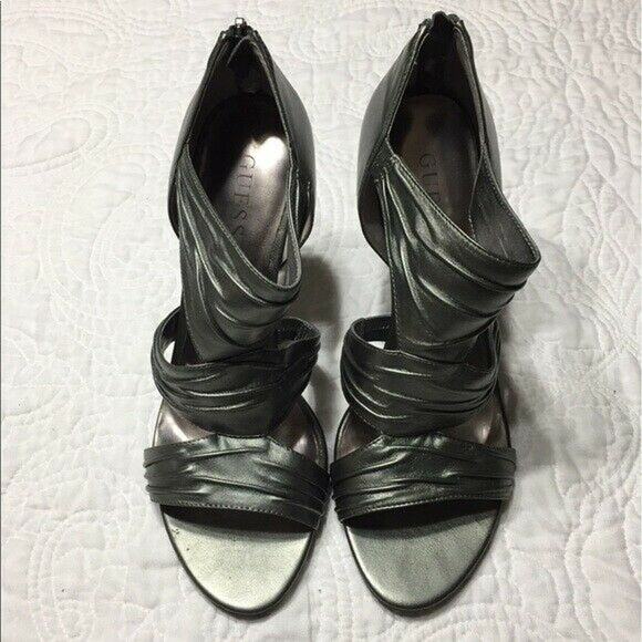 Guess Davisa Gun Metal Silver Grey Leather Stiletto Sandals Size 9.5M - Picture 1 of 8